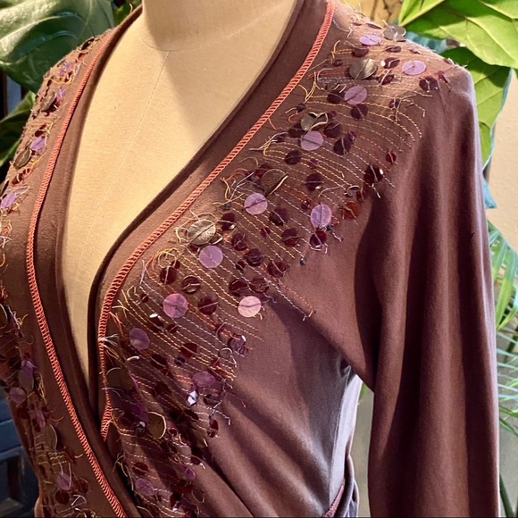 Anthropologie chocolate embellished wrap top - Picture 8 of 14